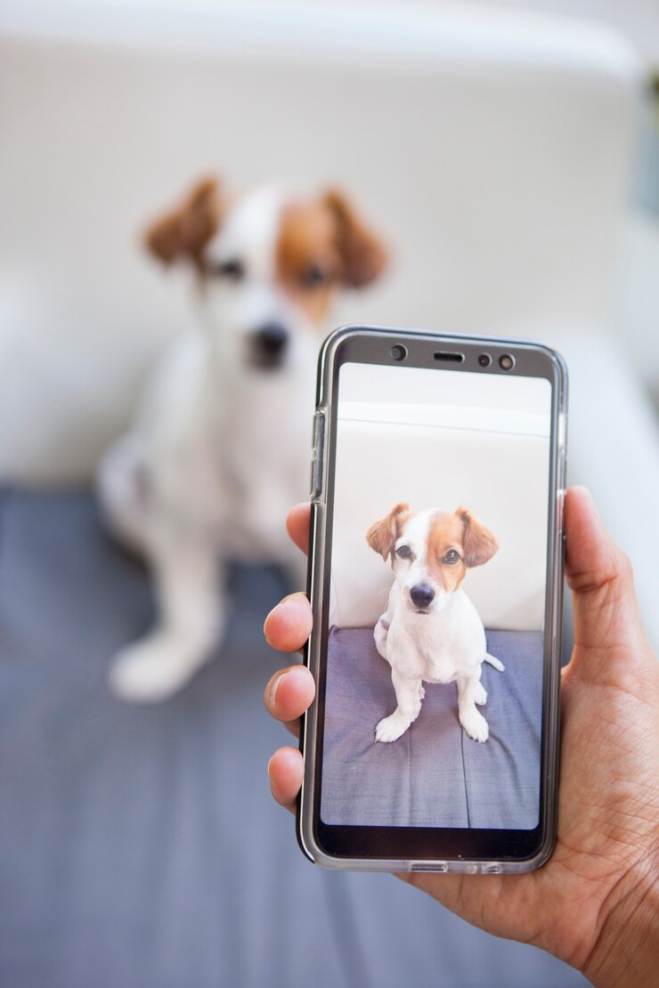 Momentopname van een schattige puppy met een slimme telefoon