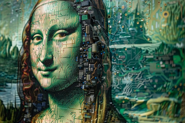 Mona Lisa made entirely from recycled computer parts with circuit boards and wires arranged to depict her serene visage blending classic artistry with modern technology in an unexpected fusion