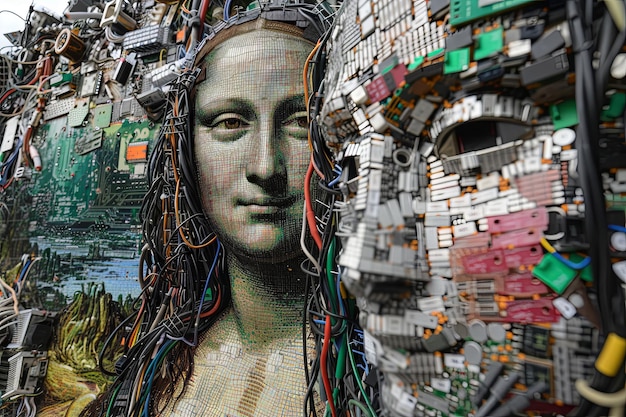 Mona Lisa made entirely from recycled computer parts with circuit boards and wires arranged to depict her serene visage blending classic artistry with modern technology in an unexpected fusion