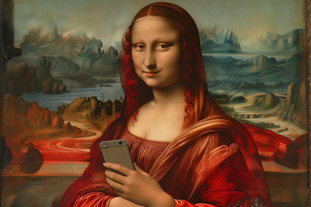 Фото Мона лиза с смартфоном знаменитая дива эпохи возрождения, муза нарциссизма и тщеславия в живописи современной эпохи