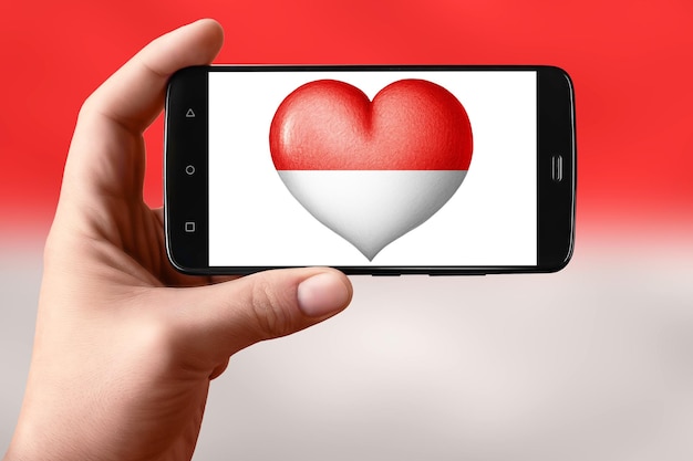 Monaco flag in the shape of a heart on the phone screen Smartphone in hand shows a heart flag