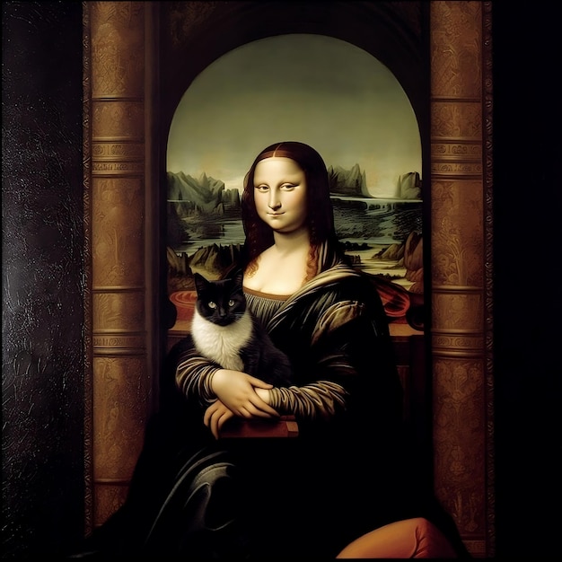 Фото Моналиса держит свою кошку на картине