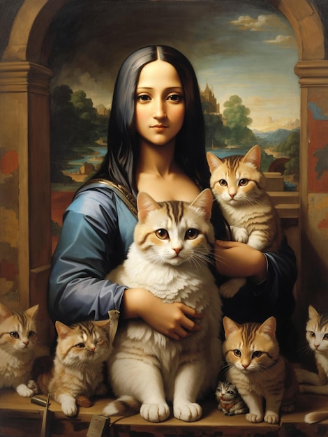 Photo monalisa segurando gatinhos