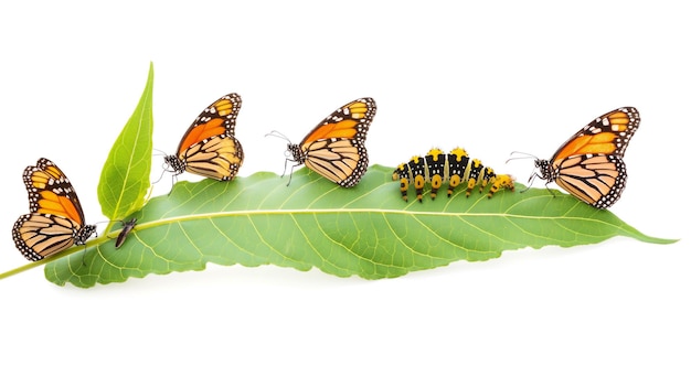 Monarch butterflies and caterpillar on a green leaf white background