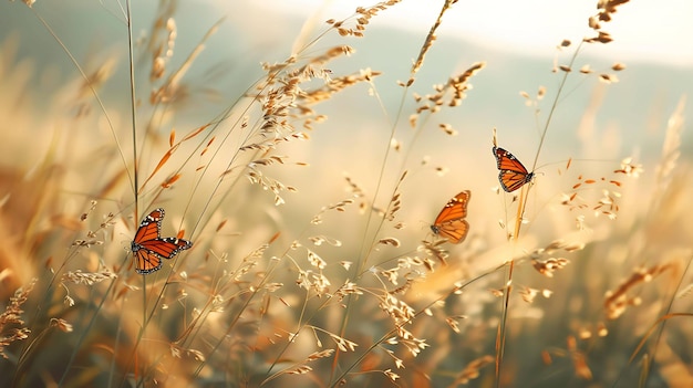 Monarch butterflies flit among the tall grass in a meadow on a sunny day