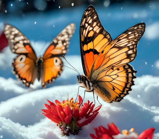 Monarch butterflies fly against a background of white snow
