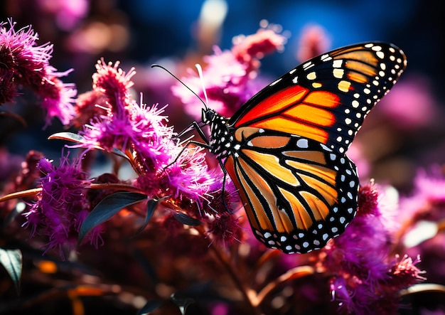 A monarch butterfly is eating a purple flower