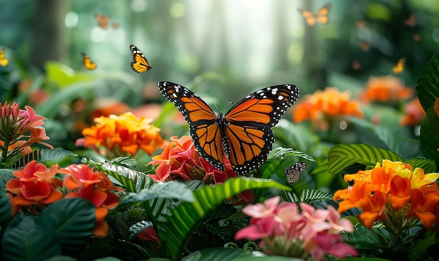 a monarch butterfly is on a flower in a garden