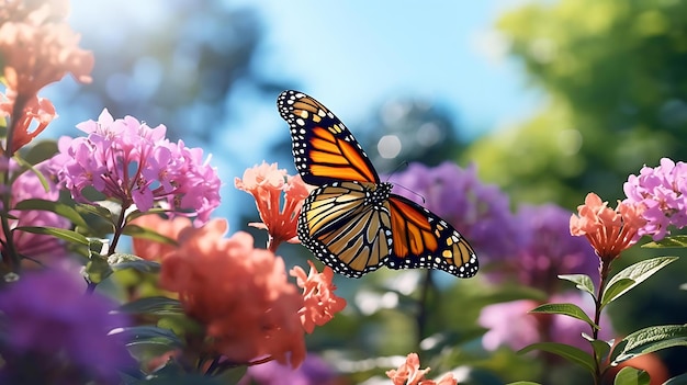 オオカバマダラが紫の花の上にいます