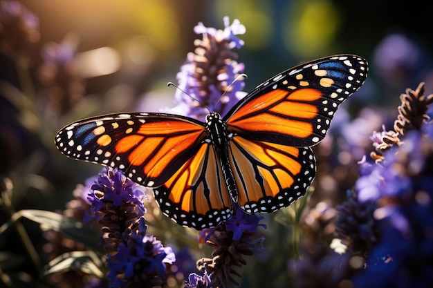 Monarch butterfly lands on colorful flower in the garden generative IA