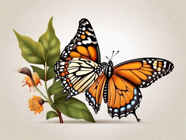 Monarch butterfly in various stages of development on white background