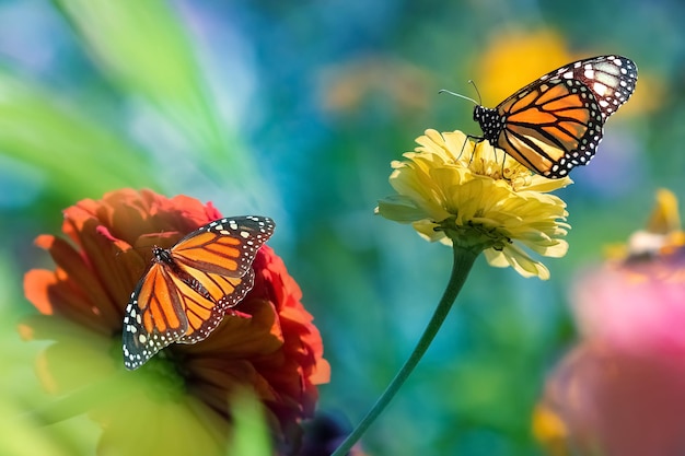 Monarch orange butterflies and bright summer flowers in a summer garden