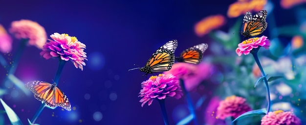 Monarch orange butterflies and pink summer flowers in a fairy summer garden Banner format