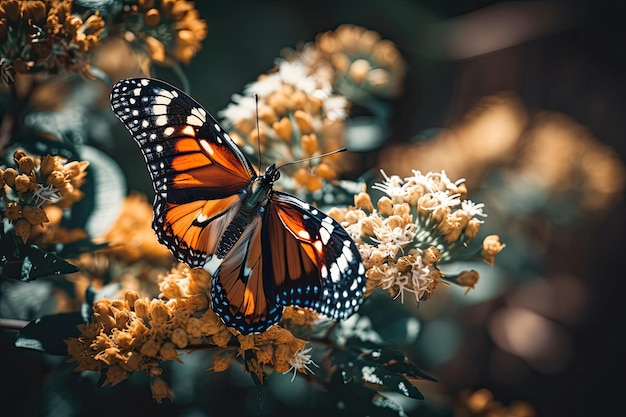 Monarch vlinder bestuivende bloemen in de zachte achtergrond van de zomerdag