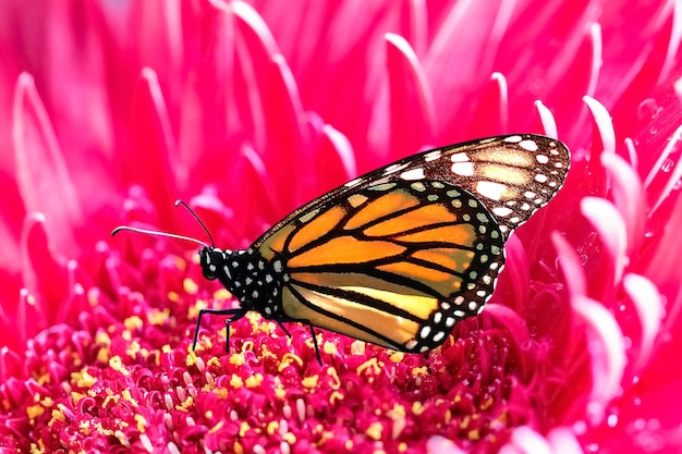 Monarch vlinder op een achtergrond van roze bloemblaadjes Zomer macro achtergrond