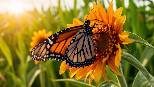 Monarch vlinder op oranje Mexicaanse zonnebloem groene achtergrond