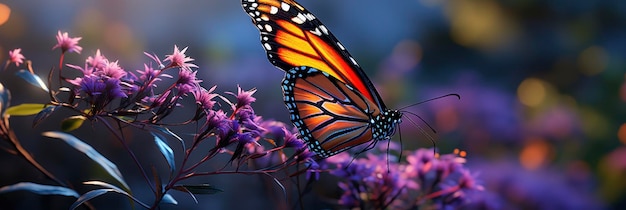 Foto monarch vlinder op paarse aster bloem banner afbeelding voor website