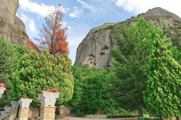 Monastery built into a cave on a cliffside in Meteora Kastraki village Greece