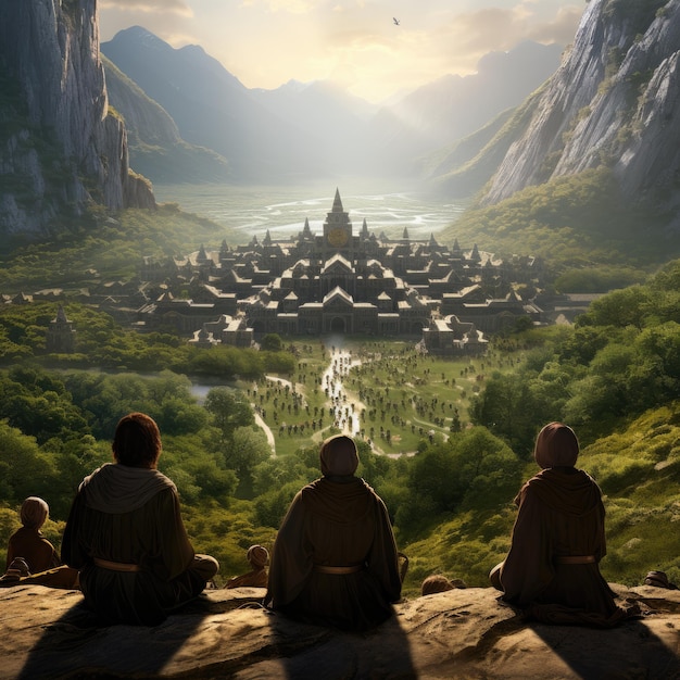 Monastery nestled in a tranquil valley with monks in prayer