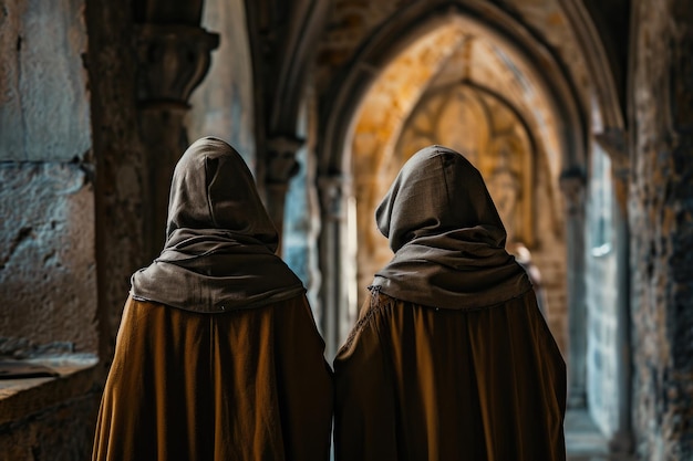 Monastic Devotion A Captivating Rear View of Medieval Clergy Embracing Ancient Faith