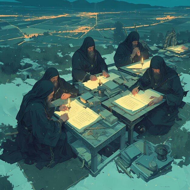 Photo monastic scholars engrossed in study amidst the glittering glow of ancient scriptorium