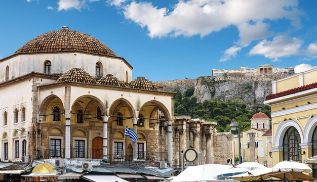 Monastiraki square with old mosque and view of Acropolis Athens Greece
