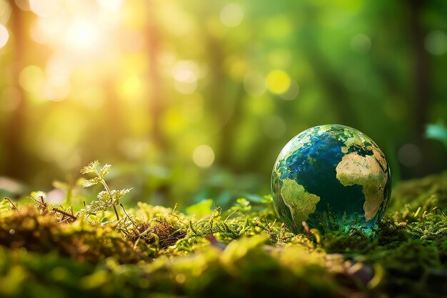 Mondiale aarde op de bodem in het bos met varens en zon