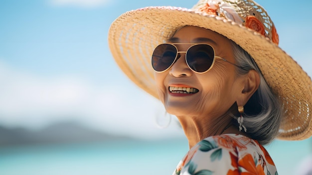 Mondiale strandgeluk Oudere Aziatische vrouwen genieten van de momenten in het leven