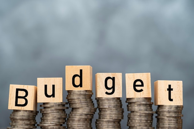 Photo money annual budget concept stacked coins and wooden cubes with word budget on coins background