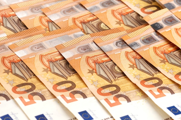 Money background euro cash banknotes. 50 euro notes