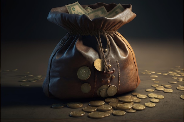 Money bag bag with old coins AI