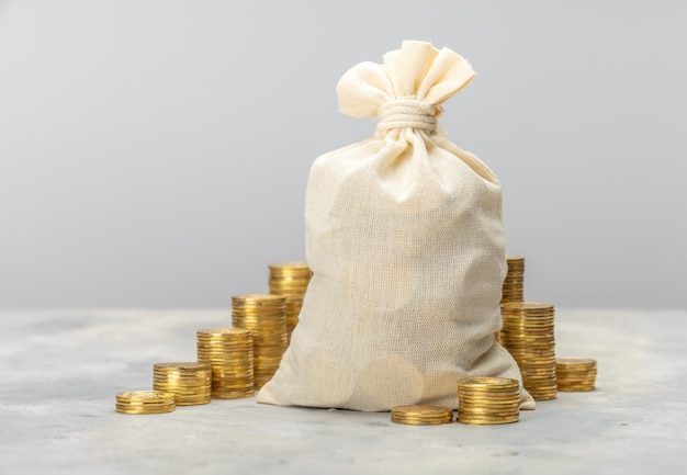 Money bag and coins steps up on a gray background Template mockup