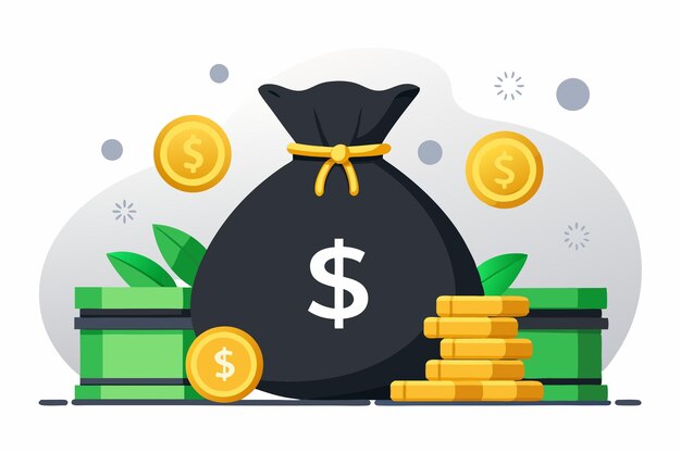 Photo money bag flat illustration dollars and gold coins stack wealth and banking icon