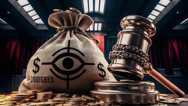 Money bag and judges hammer