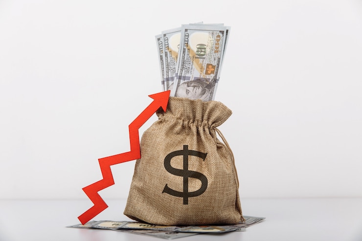 Photo money bag with dollar sign and red arrow up influx of investment and capital increase of wealth