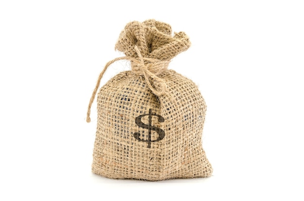 Money bag with dollar symbol tied with a string isolated on white surface