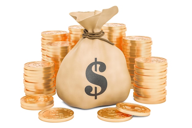 Money bag with dollars and golden coins around 3D rendering