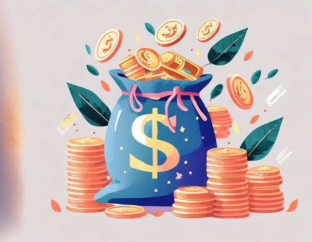 Photo money bag with pile or stack of golden coins and banknotes creative financial concept of rich or wea
