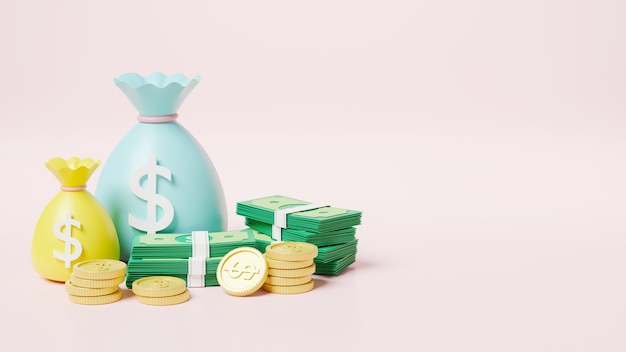 Money bag with stack coins and dollar banknote icon, moneybag savings money or cash sack on pink background, finance earnings profit, 3D rendering illustration