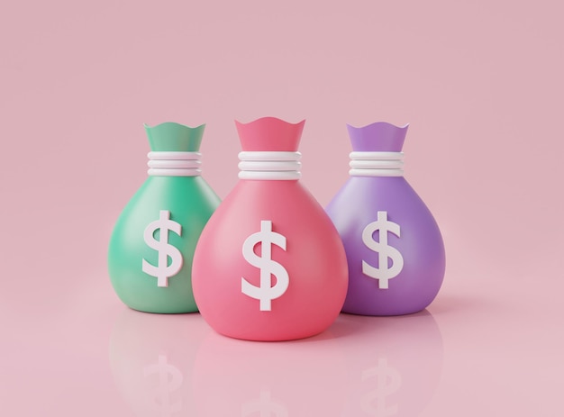 Money bags icon minimal style isolated on pink background Business and finance Dollar sign investment growth money Money saving concept minimal cartoon design 3d rendering illustration