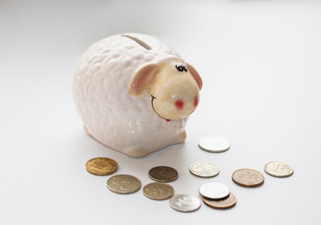 Money box and Russian coins lying close