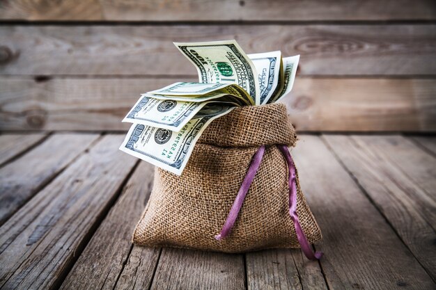 Money in burlap sack on wooden wall