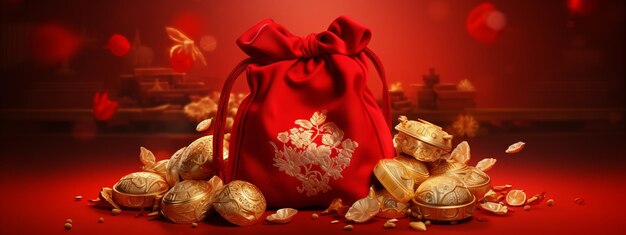 Money chinese year new bag red coin gift china gold lucky 3d background happy cny lunar Spring money ingot chinese year envelope golden asian festival pouch good luck sack cloud korea illustration