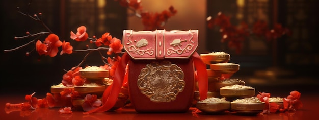 Foto denaro anno cinese nuova borsa moneta rossa regalo cina oro fortunato sfondo 3d felice cny lunare primavera denaro lingotto anno cinese busta d'oro asian festival sacchetto buona fortuna sacco nuvola corea illustrazione