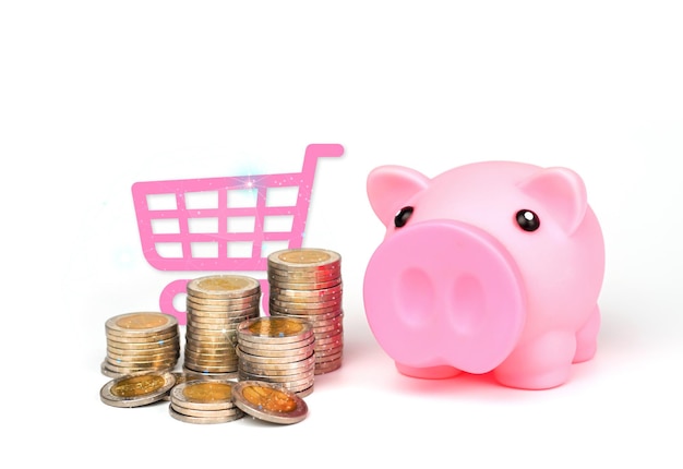 money or coin, piggy bank, shopping cart It is a choice whether to deposit money with the bank to gr