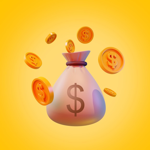 Money coins in bag, 3d render