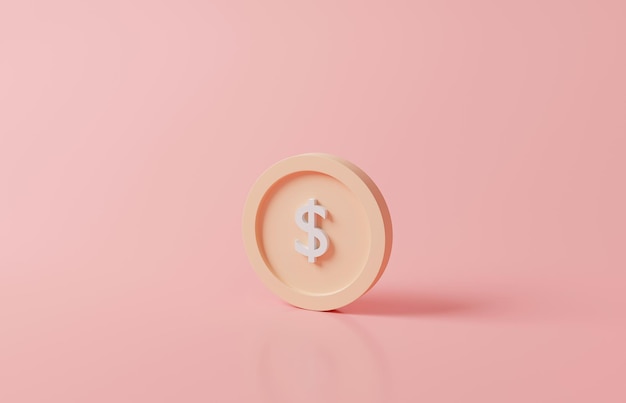 Денежные монеты изолированные минимальные деньги знак доллара вокруг на розовом или красном пастельном фоне безналичное общество онлайн покупки концепция оплаты 3D золотая монета Сохранение роста 3D рендеринг иллюстрации