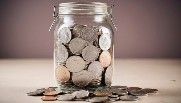 Money coins lots of savings in a glass jar closeup photo of money money saving concept