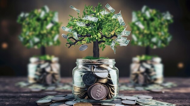 Money coins and tree growing in jar