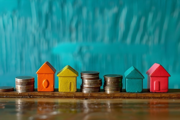 Photo money coins and wooden mini houses on the table